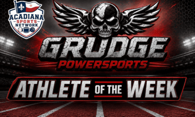 Grudge Powersports Athlete of the Week logo with skull and wings design.