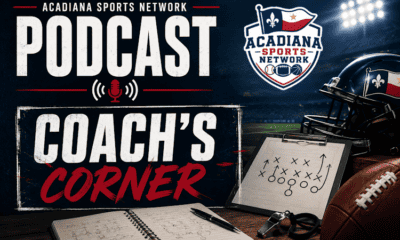 Acadiana Sports Network Coach's Corner podcast logo with football and playbook.