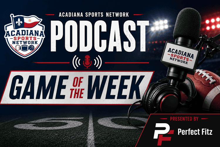 Acadiana Sports Network Game of the Week podcast logo with football and microphone.