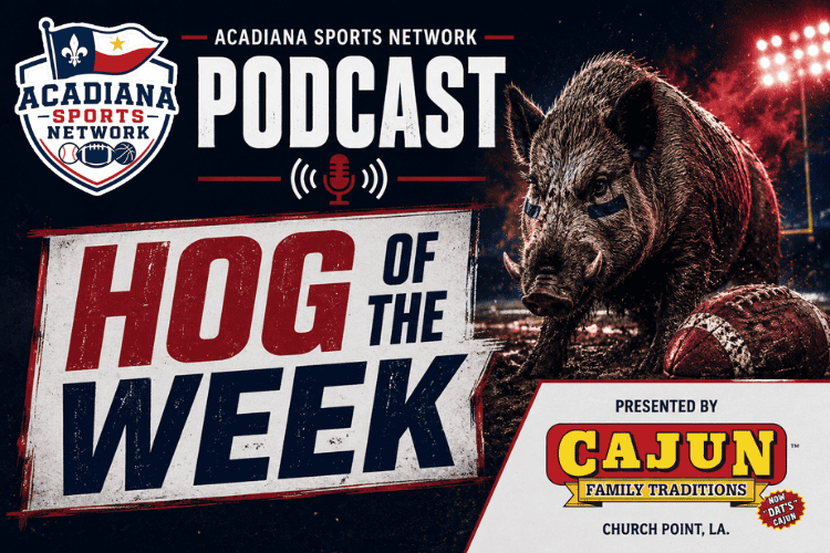 Hog of the Week podcast logo with a football and pig image for Acadiana Sports Network.