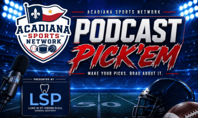 Acadiana Sports Network podcast logo with football and microphone imagery.